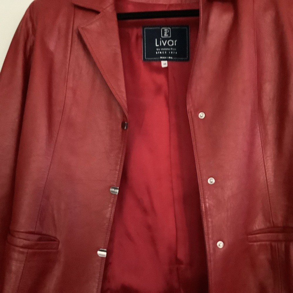 Tomato red leather jacket